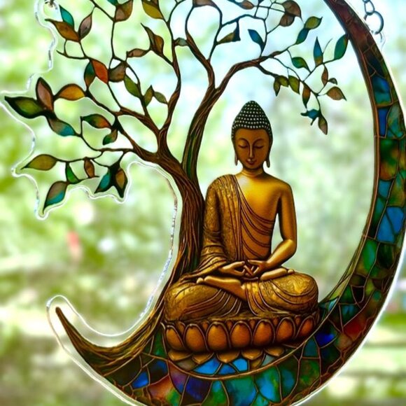 Spiritual Buddha in Crescent Moon Metaphysical Sun Catcher Window Hanging New - Picture 3 of 3